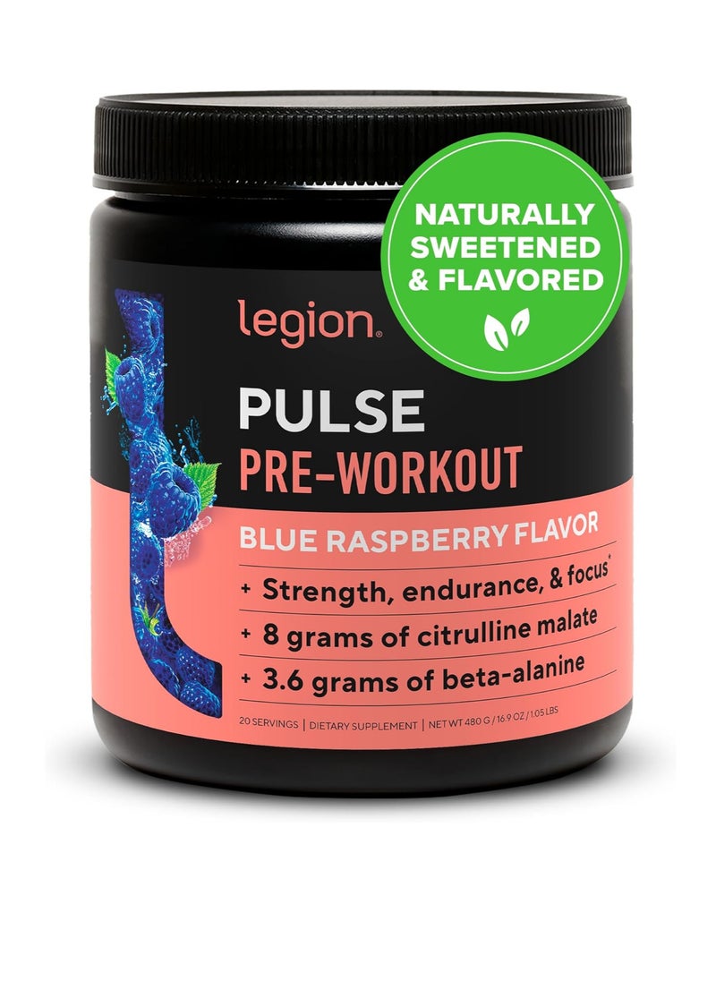 Pulse Pre Workout Supplement - All Natural Nitric Oxide Preworkout Drink to Boost Energy, Creatine Free, Naturally Sweetened, Beta Alanine, Citrulline, Alpha GPC (Blue Raspberry)