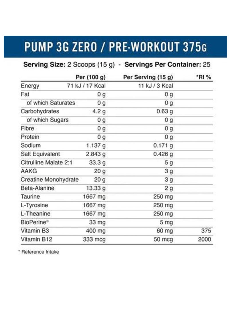 Applied Nutrition Zero-Stim Caffeine Pump 3G Pre-Workout Icy Blue Raz 375g