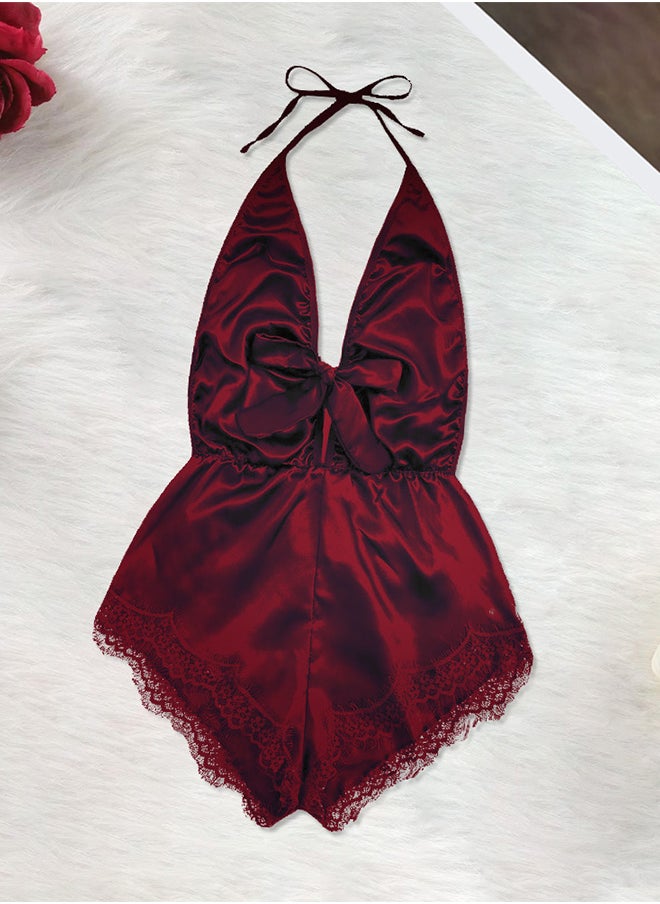 Women XXL Size Stain Silk Underwear Lingerie Fashion Ladies Sleepwear Bodysuit Teddy Lingerie Sleepwear Claret/XXL-Bust 100CM-Waist 80cm-hip 106cm