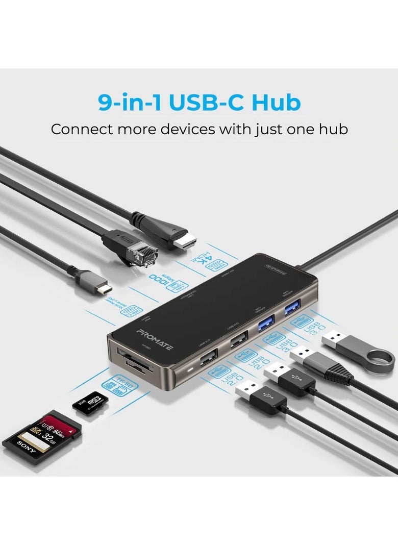 Promate Primhub-Go 9 in 1 Type-C USB Hub Black PrimeHub-Go