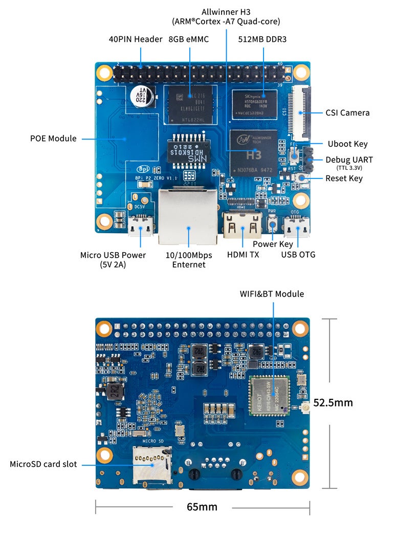 Single Board Computer BananaPi P2 Zero With POE Module