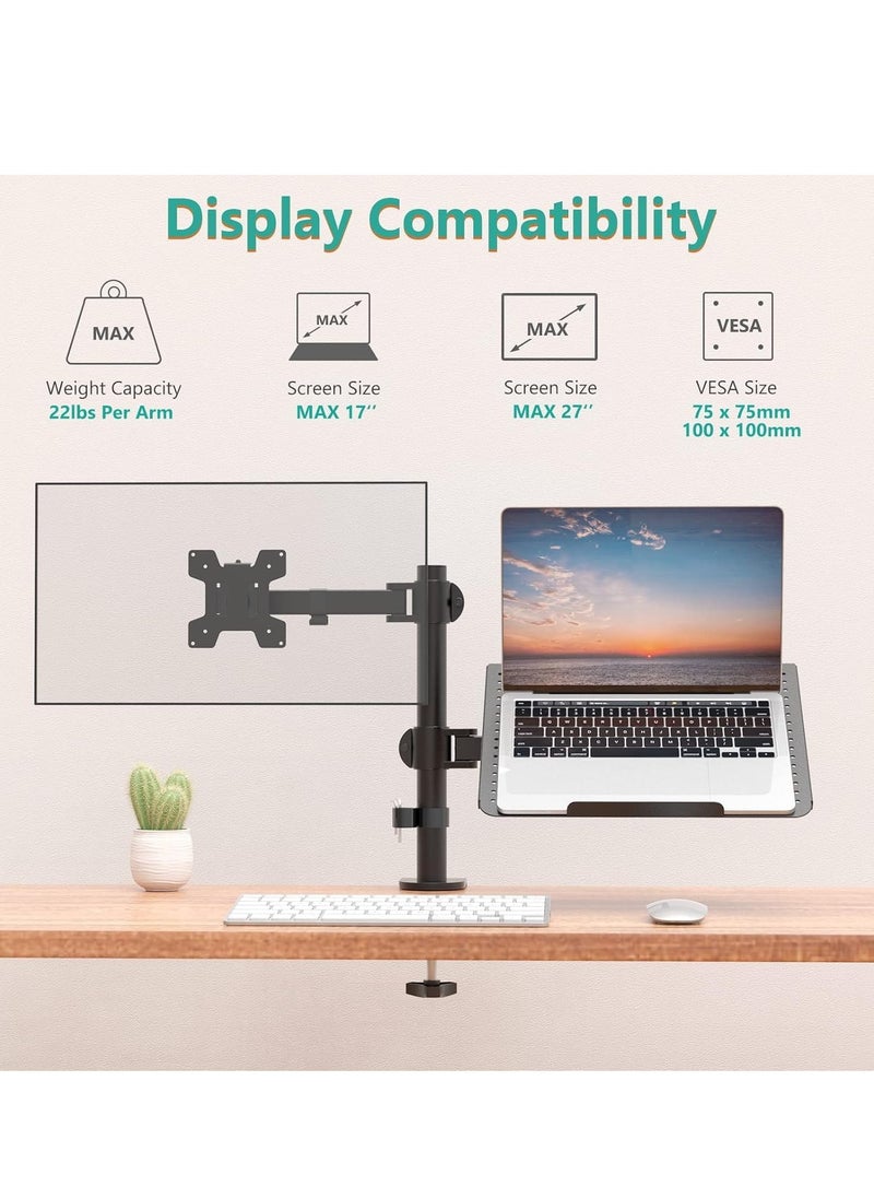 Laptop and Monitor Stand – Fully Adjustable Mount with Laptop Tray for 1 Notebook up to 17 Inches and 1 Screen up to 27 Inches, 22 lbs Capacity (M001LP), Black – Ergonomic, Space-Saving Desk Stand for Work & Gaming