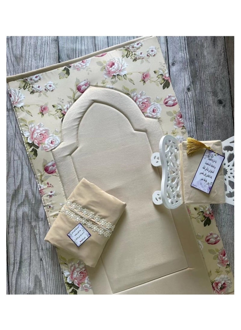 Luxurious three piece prayer set for women made from premium quality fabric with an elegant design that consists of:1. Spongy velvet Prayer mat with soft cotton printed florals. 2. Free size, big Prayer cloth made with soft, viscose cotton. 3. Quran cover made from velvet.