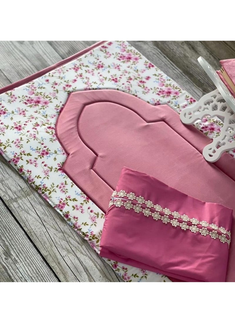 Luxurious three piece prayer set for women made from premium quality fabric with an elegant design that consists of:1. Spongy velvet Prayer mat with soft cotton printed florals. 2. Free size, big Prayer cloth made with soft, viscose cotton. 3. Quran cover made from velvet.