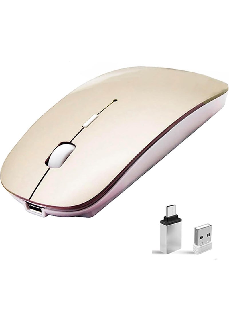 Wireless Bluetooth Mouse - LED Slim Dual Mode (Bluetooth 5.1 + USB) 2.4GHz Rechargeable Silent Bluetooth Wireless Mouse(Gold)