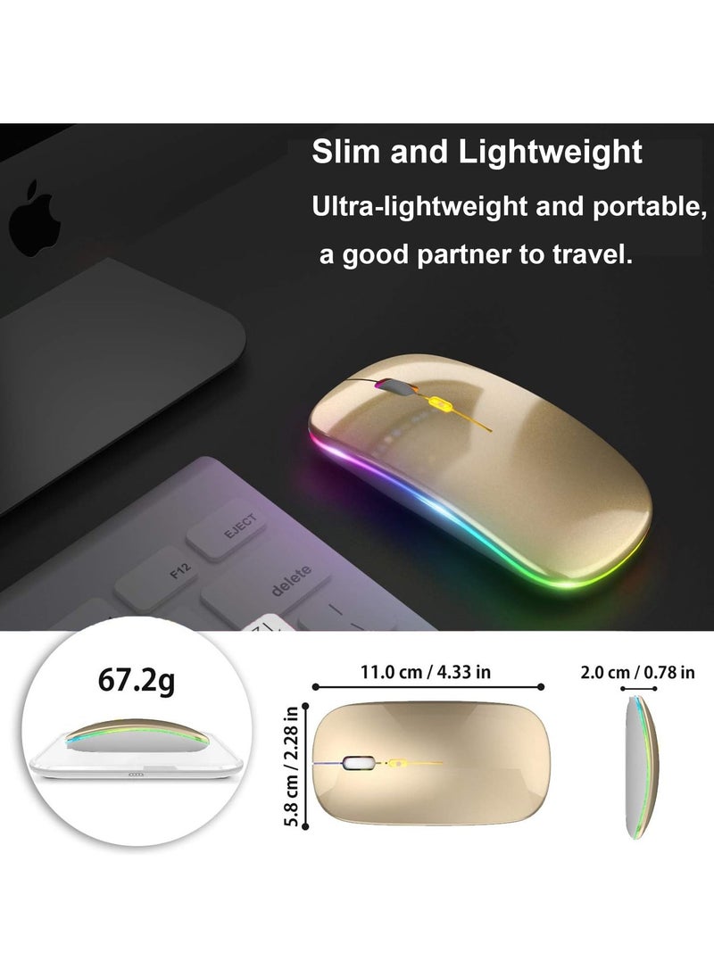 Wireless Bluetooth Mouse - LED Slim Dual Mode (Bluetooth 5.1 + USB) 2.4GHz Rechargeable Silent Bluetooth Wireless Mouse(Gold)