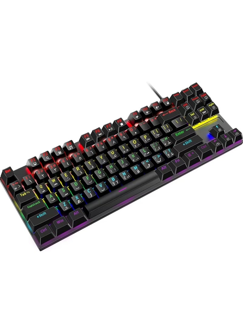 English Arabic Mechanical Gaming Keyboard with RGB LED Rainbow Backlit, Quick Response USB Wired Waterproof 87 Keys Keyboard for Windows/MacOS/Android PC Gamers - Black /Blue Switch