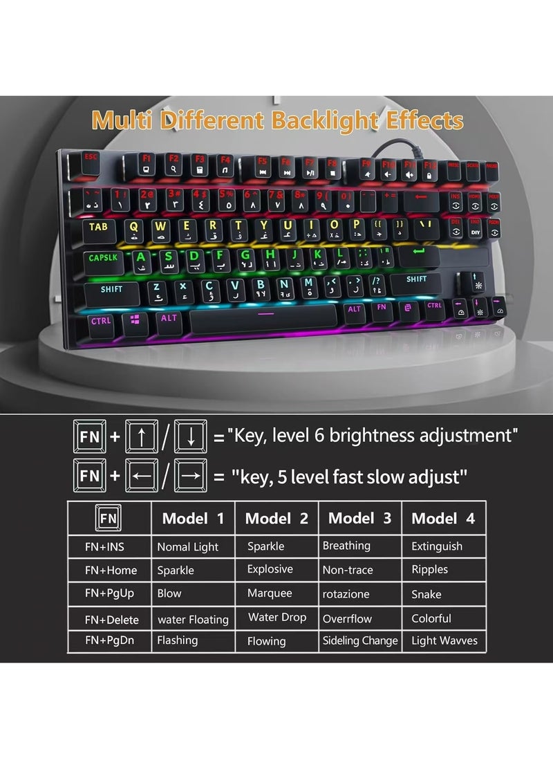 English Arabic Mechanical Gaming Keyboard with RGB LED Rainbow Backlit, Quick Response USB Wired Waterproof 87 Keys Keyboard for Windows/MacOS/Android PC Gamers - Black /Blue Switch