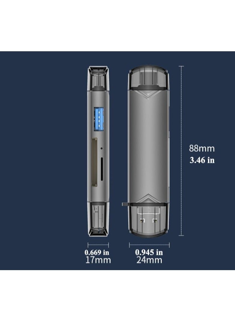 USB 3.0 SD Card Reader, 6-in-1 Dual Connector SD Card Reader, Micro SD to USB OTG Adapter Micro USB Portable Memory Card Reader for SD TF SDXC SDHC MMC RS-MMC Micro SD Micro SDXC (Silver)