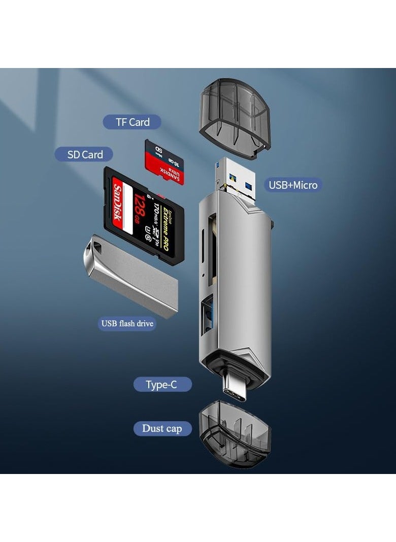 USB 3.0 SD Card Reader, 6-in-1 Dual Connector SD Card Reader, Micro SD to USB OTG Adapter Micro USB Portable Memory Card Reader for SD TF SDXC SDHC MMC RS-MMC Micro SD Micro SDXC (Silver)