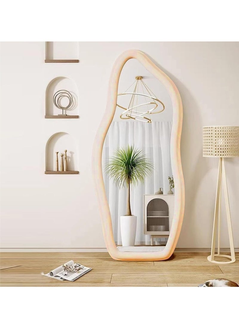 Full Length Mirror 60x160cm – White Wavy Arched Floor/Wall Leaning Mirror with Flannel-Wrapped Wooden Frame for Bedroom or Living Room