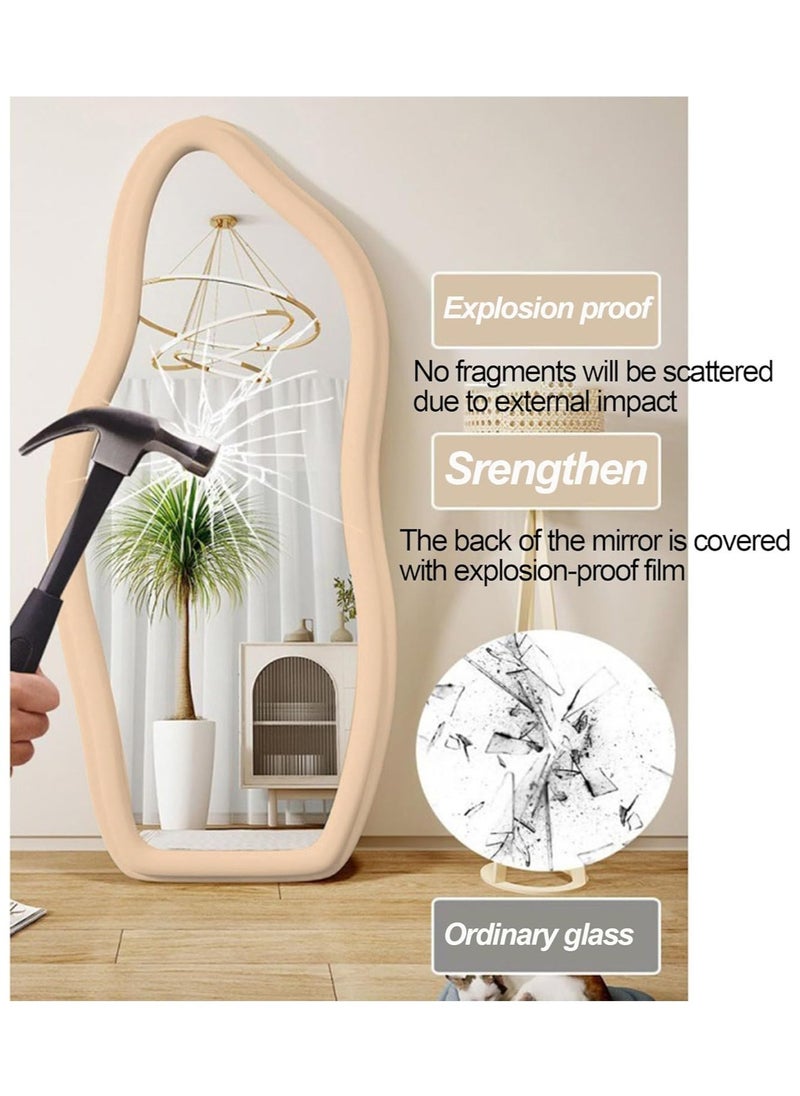 Full Length Mirror 60x160cm – White Wavy Arched Floor/Wall Leaning Mirror with Flannel-Wrapped Wooden Frame for Bedroom or Living Room