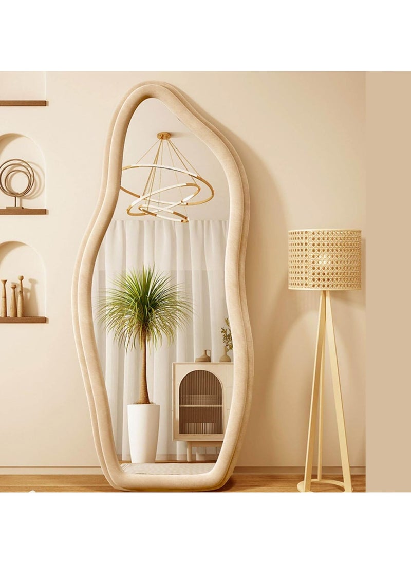 Full Length Mirror 60x160cm – White Wavy Arched Floor/Wall Leaning Mirror with Flannel-Wrapped Wooden Frame for Bedroom or Living Room