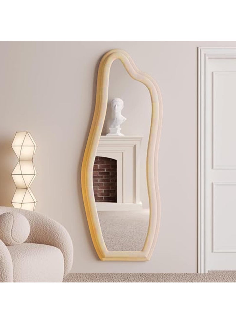 Full Length Mirror 60x160cm – White Wavy Arched Floor/Wall Leaning Mirror with Flannel-Wrapped Wooden Frame for Bedroom or Living Room