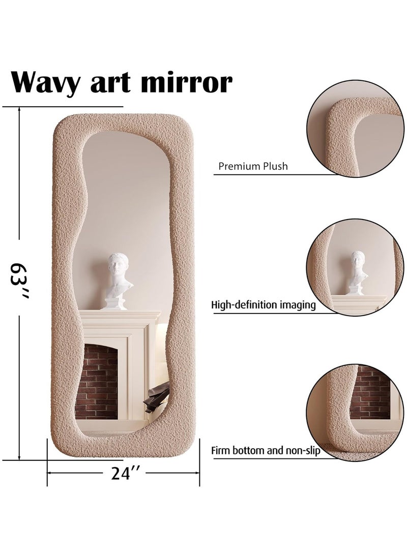 Full Length Mirror 60x160cm – Wavy Arched Floor/Wall Leaning Mirror with Flannel-Wrapped Wooden Frame for Bedroom, Living Room Decor