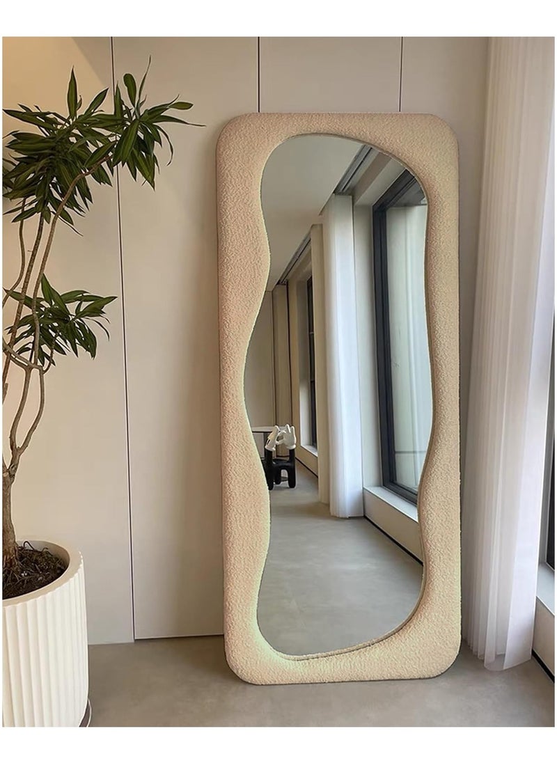 Full Length Mirror 60x160cm – Wavy Arched Floor/Wall Leaning Mirror with Flannel-Wrapped Wooden Frame for Bedroom, Living Room Decor