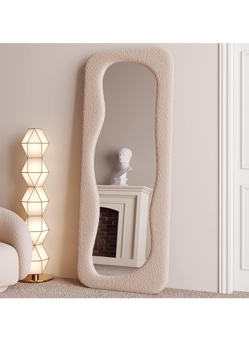 Full Length Mirror 60x160cm – Wavy Arched Floor/Wall Leaning Mirror with Flannel-Wrapped Wooden Frame for Bedroom, Living Room Decor