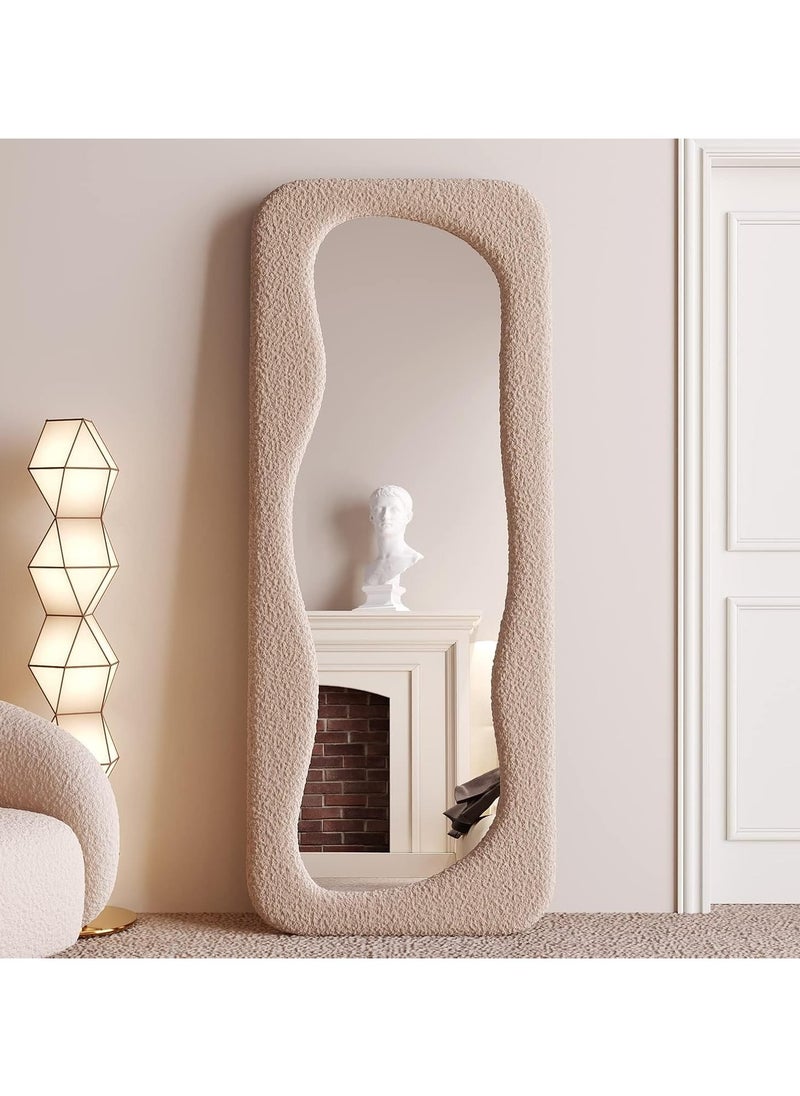 Full Length Mirror 60x160cm – Wavy Arched Floor/Wall Leaning Mirror with Flannel-Wrapped Wooden Frame for Bedroom, Living Room Decor