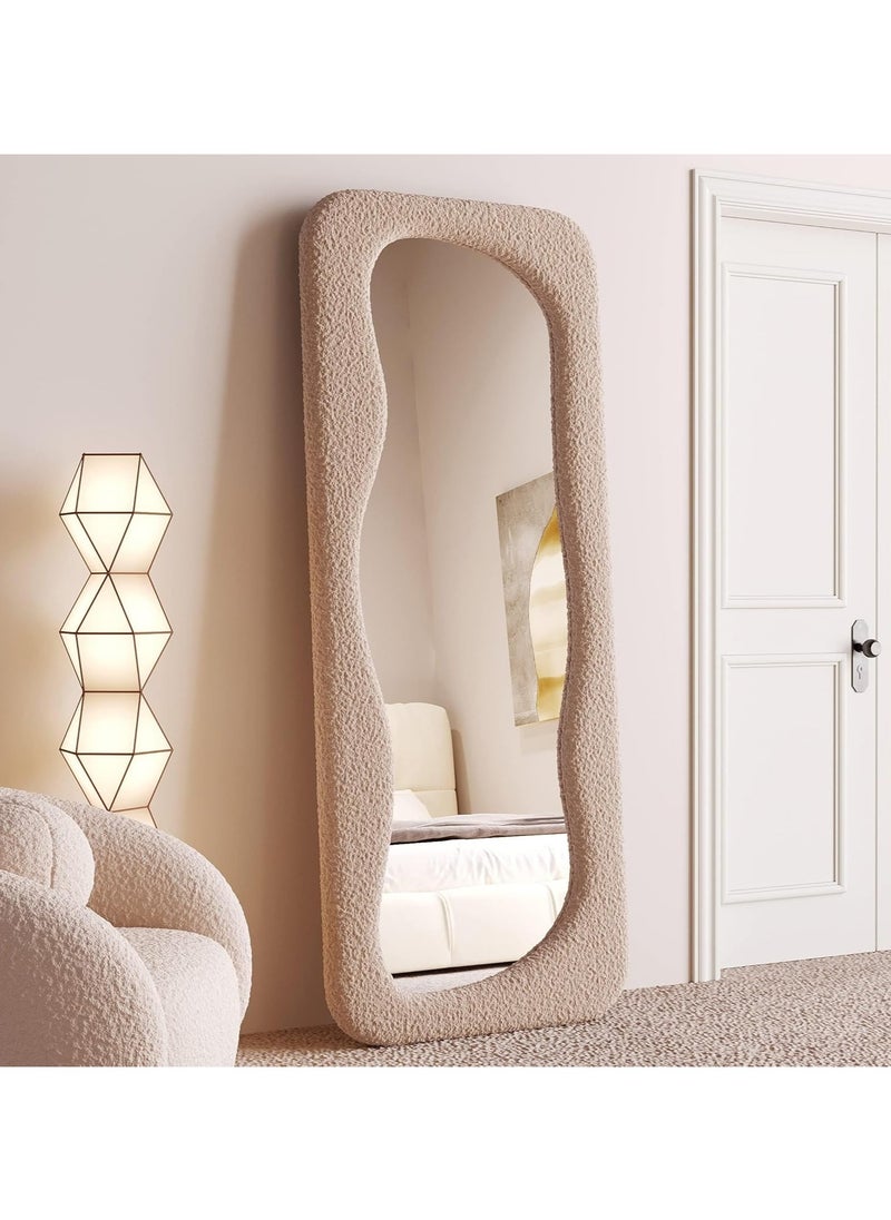 Full Length Mirror 60x160cm – Wavy Arched Floor/Wall Leaning Mirror with Flannel-Wrapped Wooden Frame for Bedroom, Living Room Decor