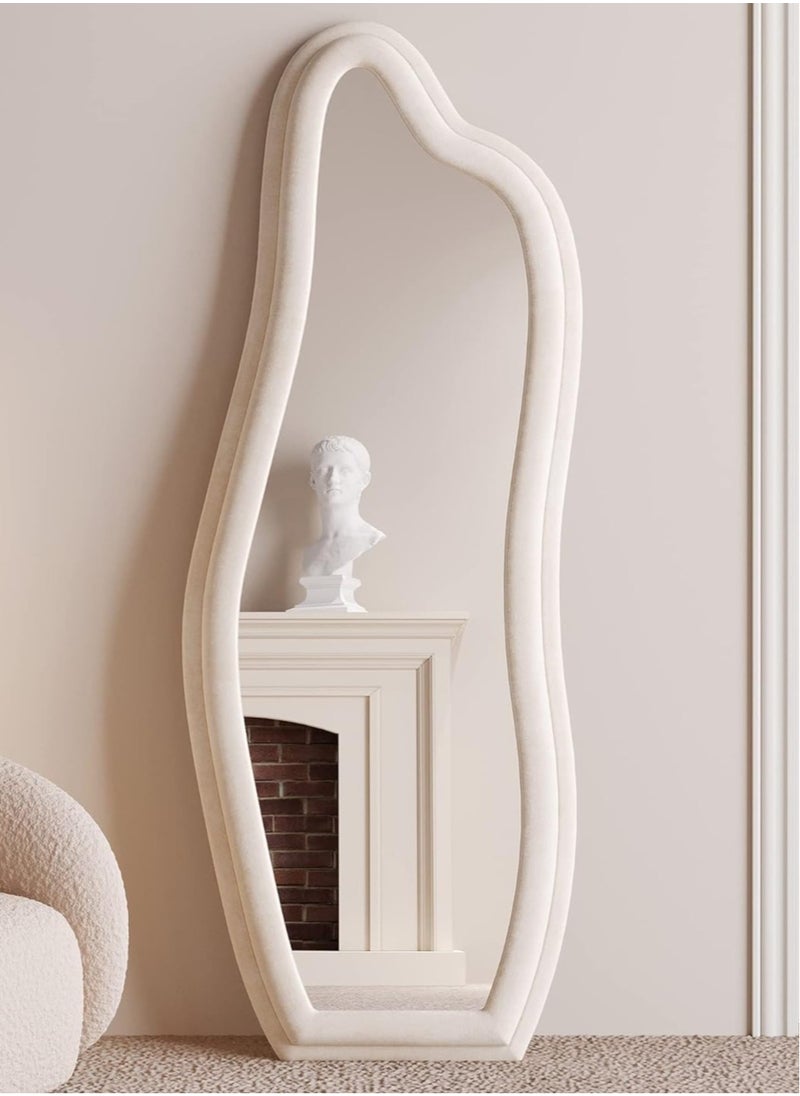 Full Length Mirror 60x160cm – White Wavy Arched Floor/Wall Leaning Mirror with Flannel-Wrapped Wooden Frame for Bedroom or Living Room