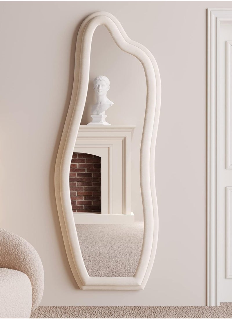 Full Length Mirror 60x160cm – White Wavy Arched Floor/Wall Leaning Mirror with Flannel-Wrapped Wooden Frame for Bedroom or Living Room