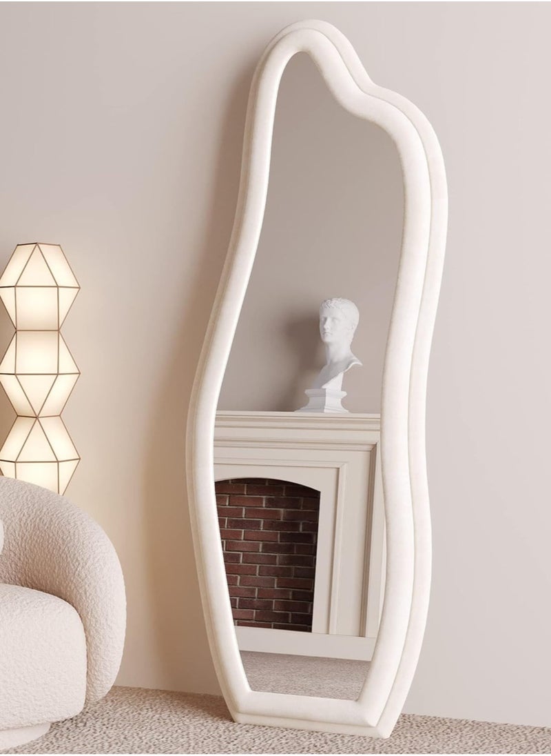 Full Length Mirror 60x160cm – White Wavy Arched Floor/Wall Leaning Mirror with Flannel-Wrapped Wooden Frame for Bedroom or Living Room