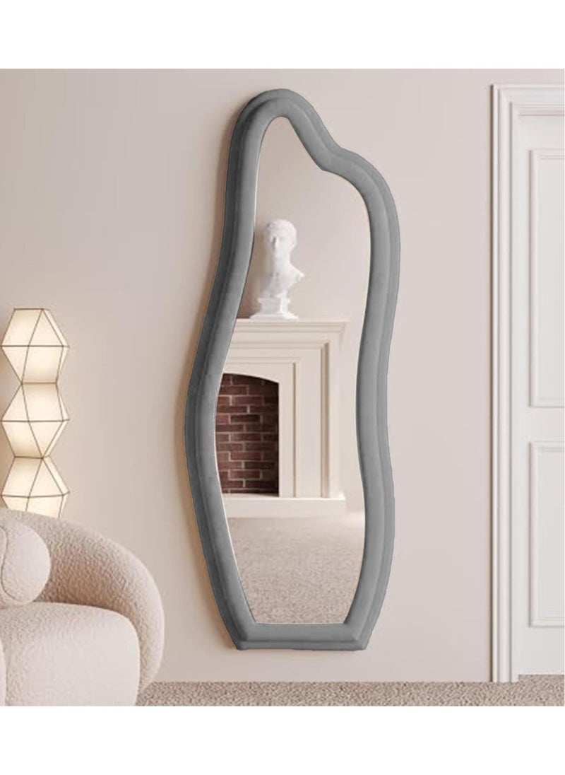 Full Length Mirror 60x160cm – White Wavy Arched Floor/Wall Leaning Mirror with Flannel-Wrapped Wooden Frame for Bedroom or Living Room