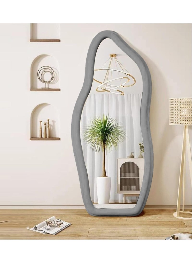 Full Length Mirror 60x160cm – White Wavy Arched Floor/Wall Leaning Mirror with Flannel-Wrapped Wooden Frame for Bedroom or Living Room