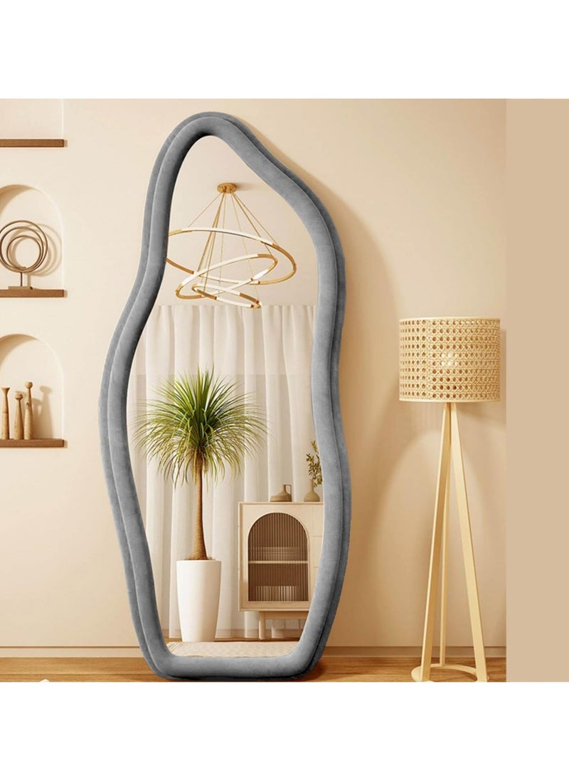 Full Length Mirror 60x160cm – White Wavy Arched Floor/Wall Leaning Mirror with Flannel-Wrapped Wooden Frame for Bedroom or Living Room