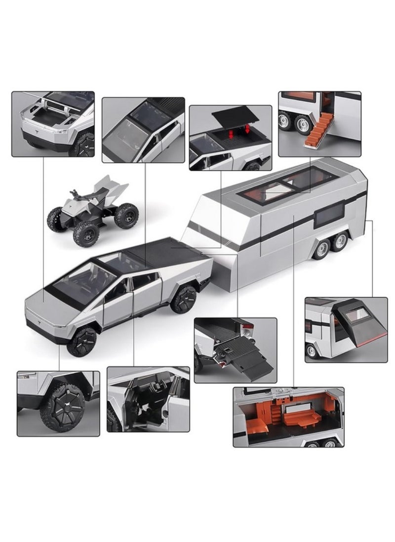 1:32 Tesla Cyber truck Pickup with Trailer Alloy Diecast Model, Off-Road Vehicle with Sound and Light