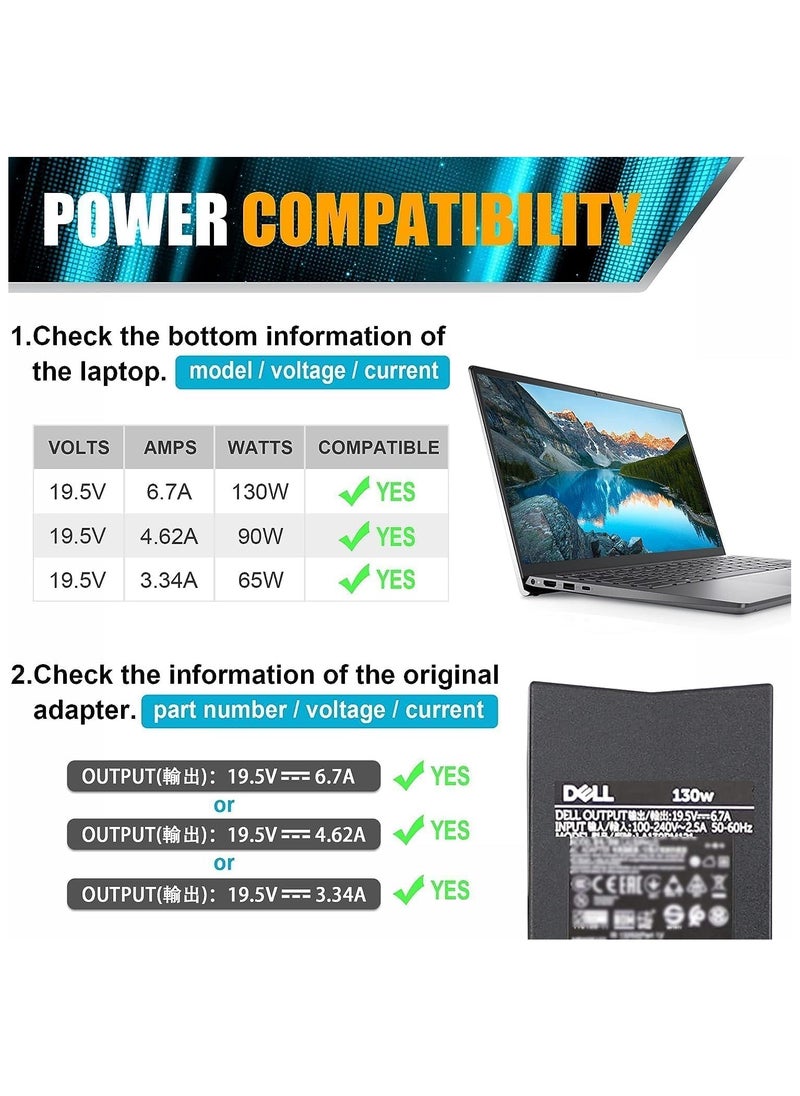 Replacement (130W/19.5V/6.7A) for Dell Laptop Charger Compatible With Inspiron 15-7000 & 7559 & Dell G3/G5 D6000 Docking Station Power Cord & 130W Dell XPS-15 (L502x) & 17 (L702x) Power Cord - Black,