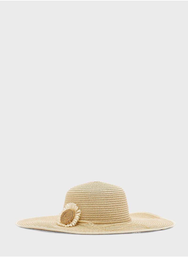 Floral Detail Wide Brim Straw Hat