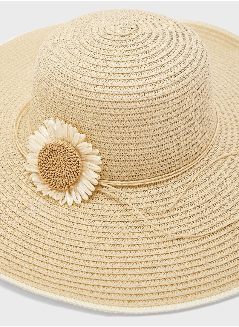 Floral Detail Wide Brim Straw Hat