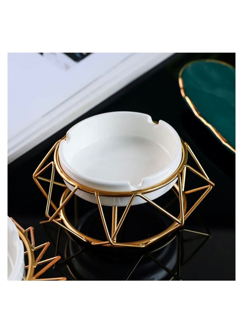 Decorative Round Tabletop Ashtray With Metallic Stand For Cigarettes Round Ceramic White Ashtray For Home Indoor And Outdoor Ash Tray For Patio Décor Home Office Decoration Best Gift For Fathers