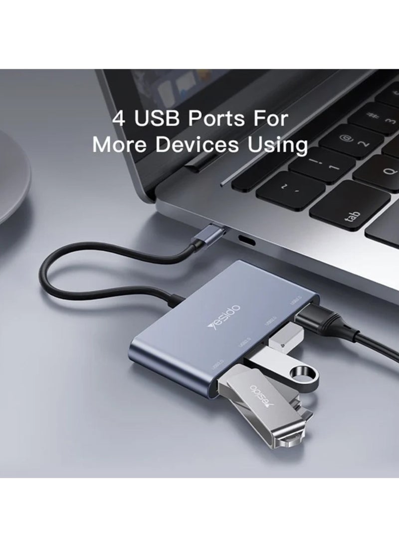 Yesido HB13 4 in 1 Aluminum USB-C / Type-C Multifunction Docking Station HUB Adapter 0.15m for Mac Laptop & Othe Devices