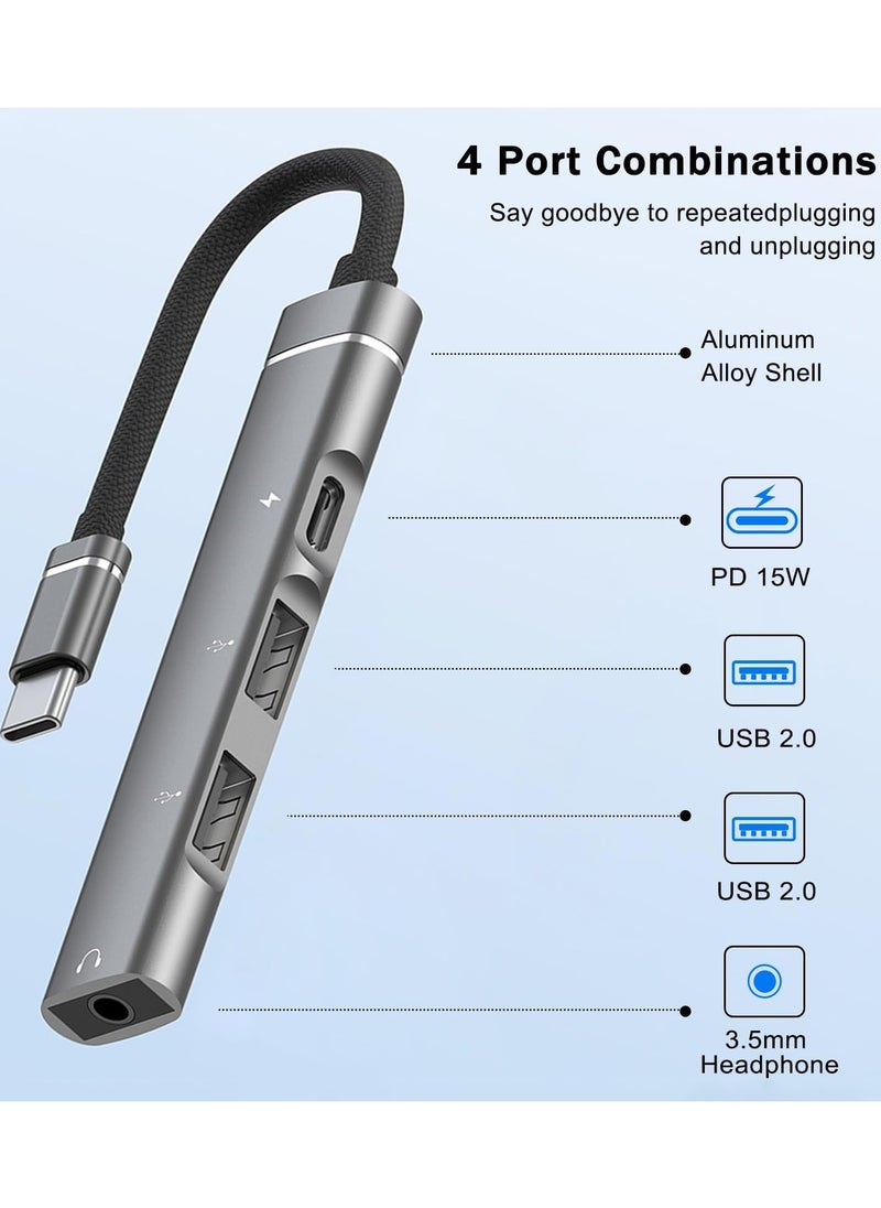 USB C Hub, 4 in 1 Multiport USB C Adapter with 3.5mm Headphone Jack, 2 USB A Ports, 15W PD Charging, Aluminum USB C OTG Dongle for MacBook Air/Pro, iPad Pro, XPS, iMac, Samsung, More