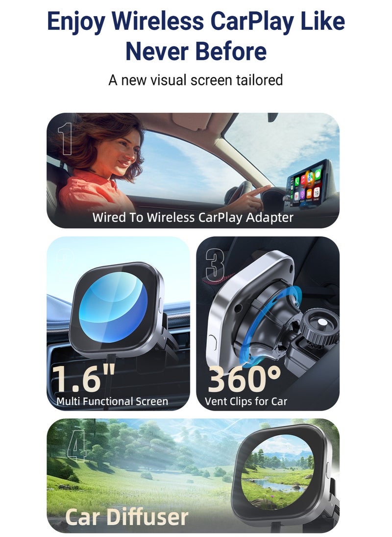 Wireless CarPlay Adapter with 1.6-Inch Screen, Wired to Wireless CarPlay Converter Compatible with Android & iOS, Multifunctional Display for Car Frame & Music Cover, Stable and Easy Connection, Fits 99% of Cars ﻿ ﻿