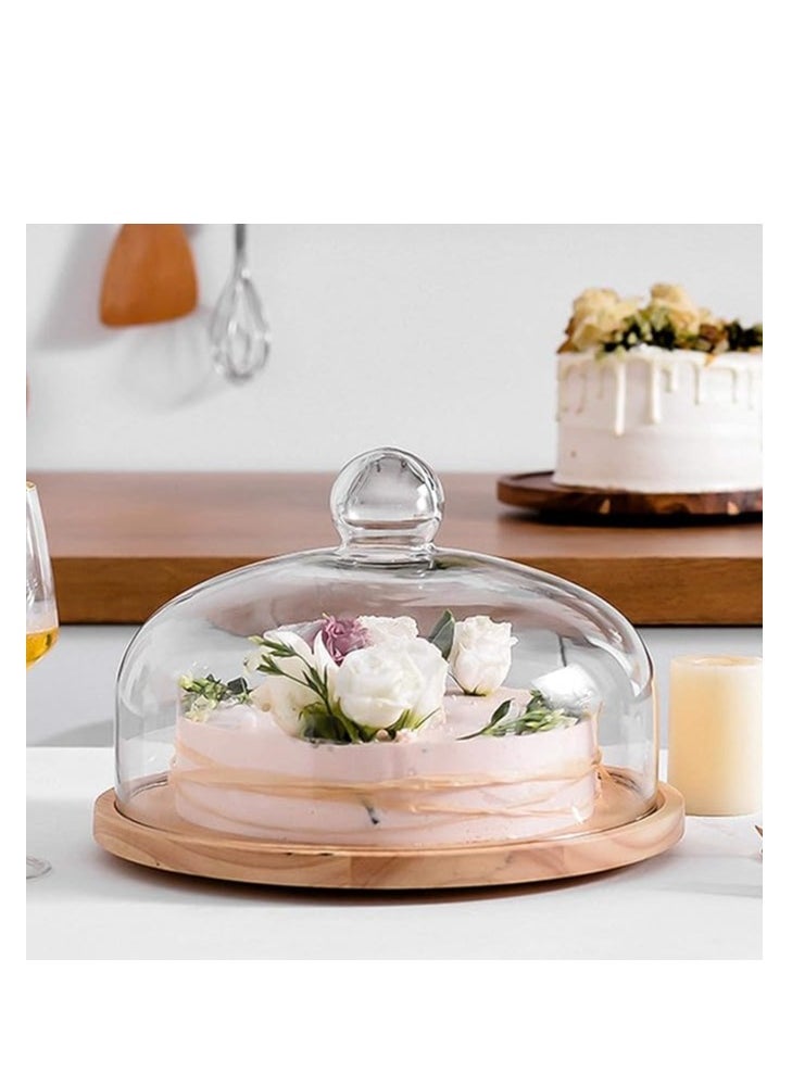 Rotating Cake Stand with Glass Dome Lid – Acacia Wood Cake Holder Plate for Display, Ideal for Weddings, Birthday Parties & Baking Gifts