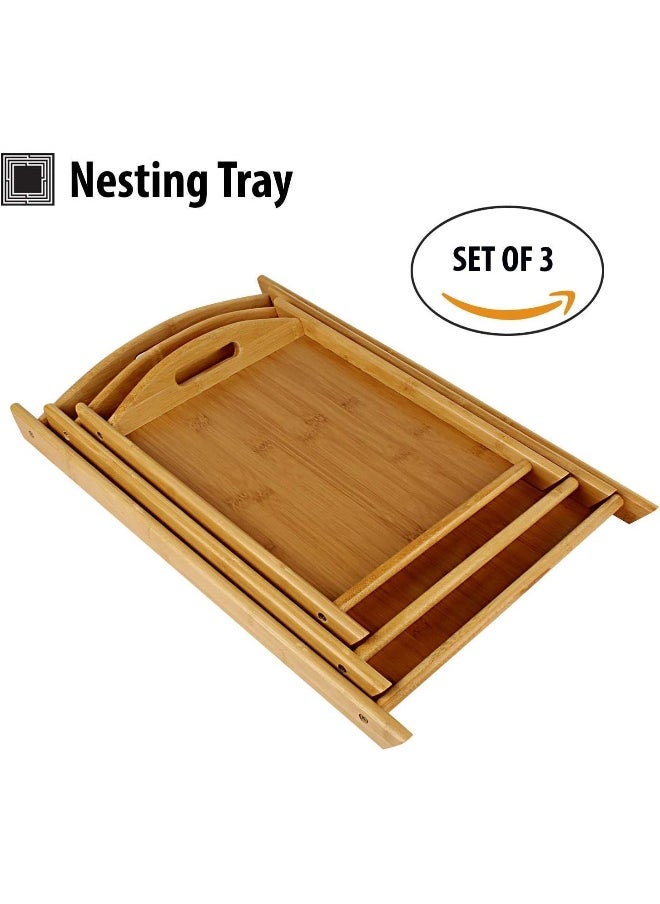 Souqoon Bpa® Wooden Bamboo Serving Tray Set, 3 Pieces, Handmade Appetizer Platters With Handles