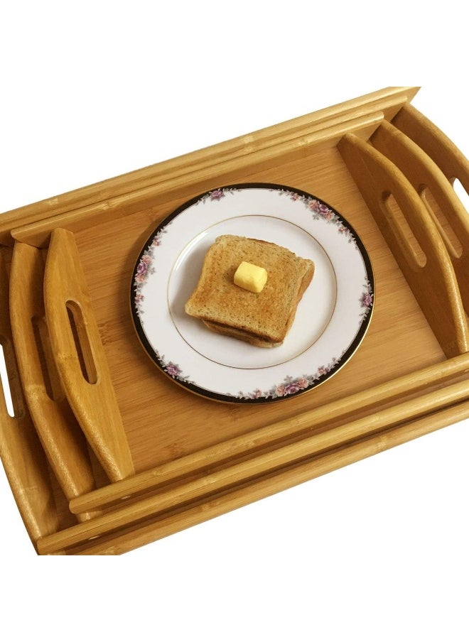 Souqoon Bpa® Wooden Bamboo Serving Tray Set, 3 Pieces, Handmade Appetizer Platters With Handles