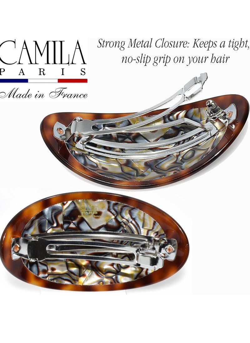 Camila Paris CP3644 French Hair Barrette Clip Oval Brown and Onyx, Strong Hold Grip Hair Clips for Women, No Slip Rubberized Metal Closure, Durable Styling Girls Hair Accessories, Made in France