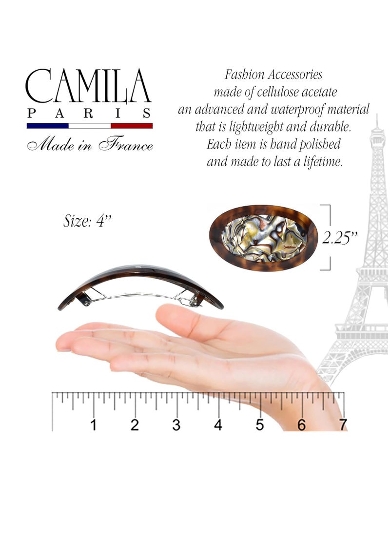 Camila Paris CP3644 French Hair Barrette Clip Oval Brown and Onyx, Strong Hold Grip Hair Clips for Women, No Slip Rubberized Metal Closure, Durable Styling Girls Hair Accessories, Made in France