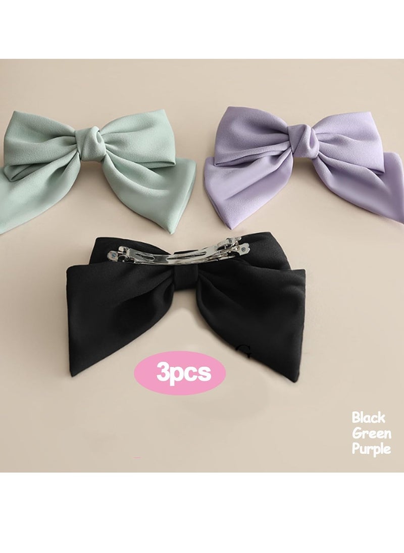 3pcs Hair Barrettes With Solid Colors Bows Hair Clips with Bowknot for French Hair Style for Girls Women (black/green/purple)