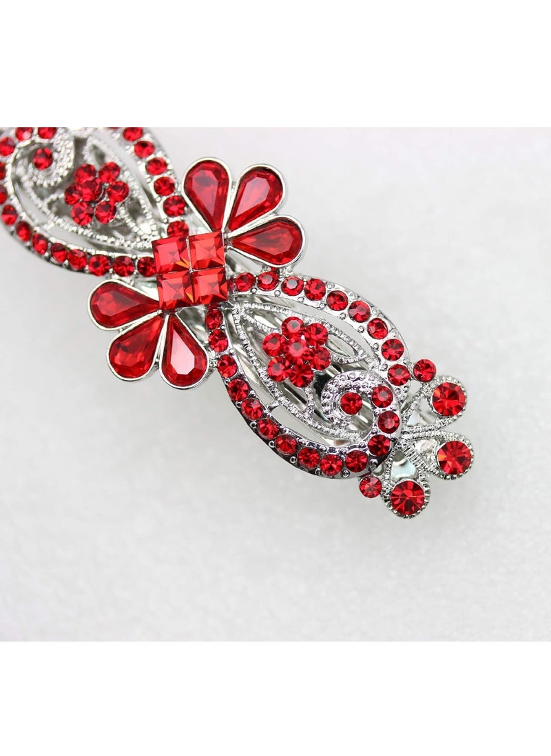 Faship Red Rhinestone Crystal Floral Hair Barrette Clip