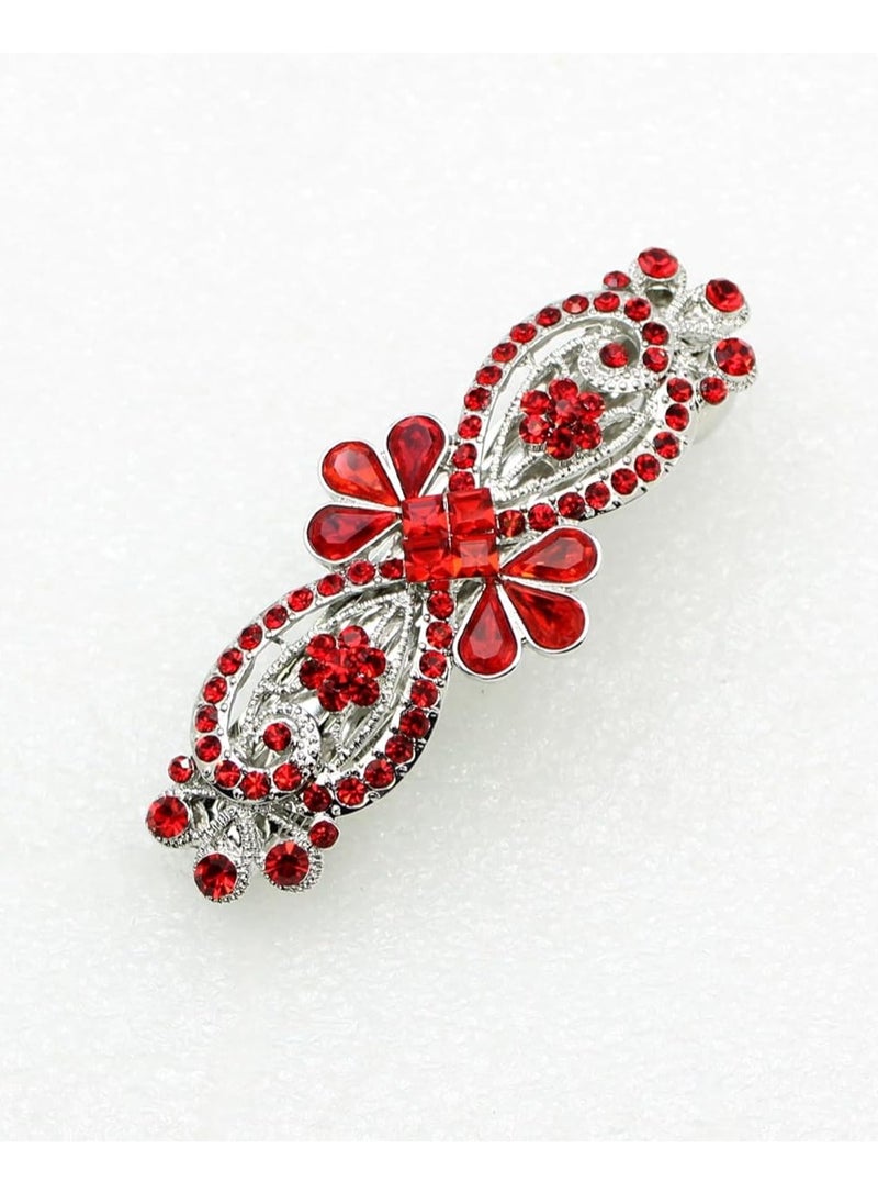 Faship Red Rhinestone Crystal Floral Hair Barrette Clip