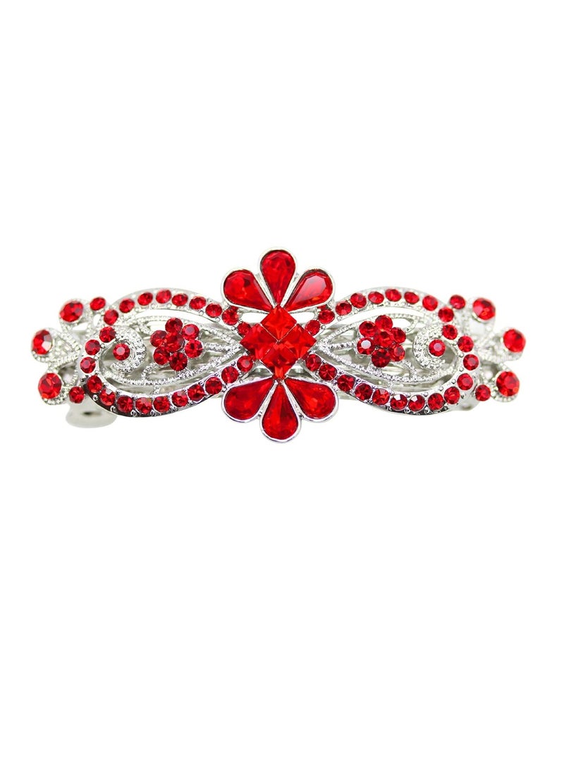 Faship Red Rhinestone Crystal Floral Hair Barrette Clip