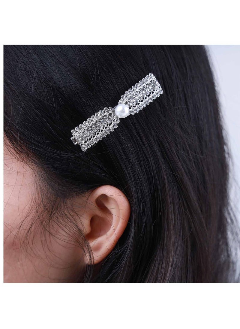 Vintage Crystal Pearl Bow Hair Clip Barrette Rhinestone Pearl Hair Barrette Faux Pearl Head Clip Headwear Barrette Silver Pearl Hair Accessories for Women