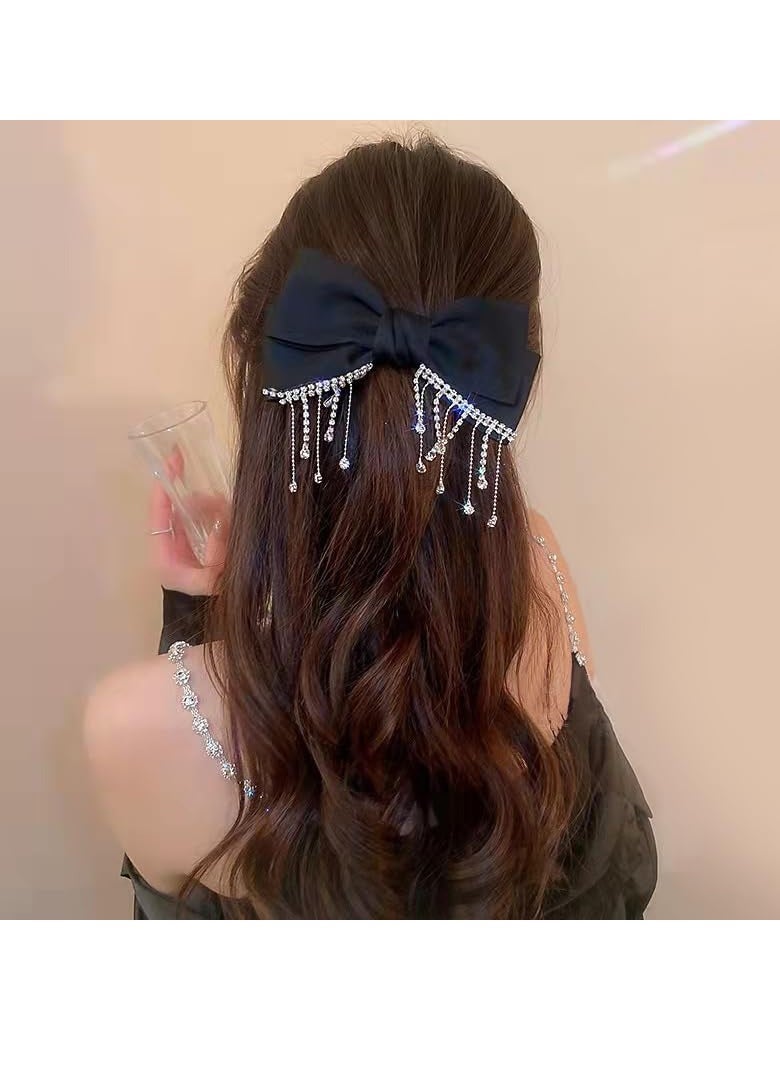 Hair Bows for Women Girls Big Bow Hair Clips Hair Accessories Bow Clips Decorative Hair Bow Glitter Tassel Ribbon Bowknot Hair Clips Satin Bow Hair Barrette with Rhinestones Sparkly Bows for Hair