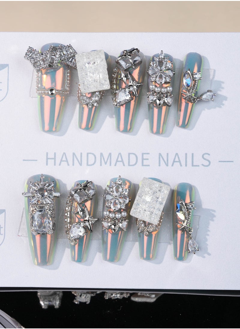 Luxury 3D Rhinestone Chrome Press-On Nails – Iridescent Finish with Gemstone and Metal Accents