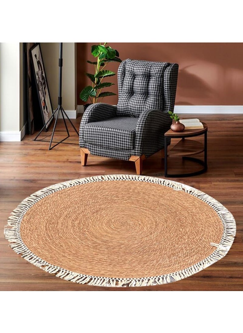 Round Handwoven Jute Braided Area Rug – 100 cm Rustic Vintage Beige Reversible Carpet, Boho Farmhouse Style for Bedroom, Living Room, Kitchen – Natural Jute Decor